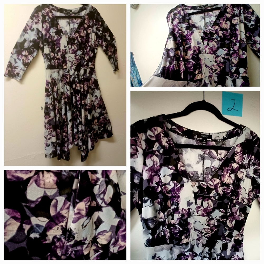 Maxi Dress with handkerchief hem, purple butterflies, 3/4 sleeves, NWOT, M